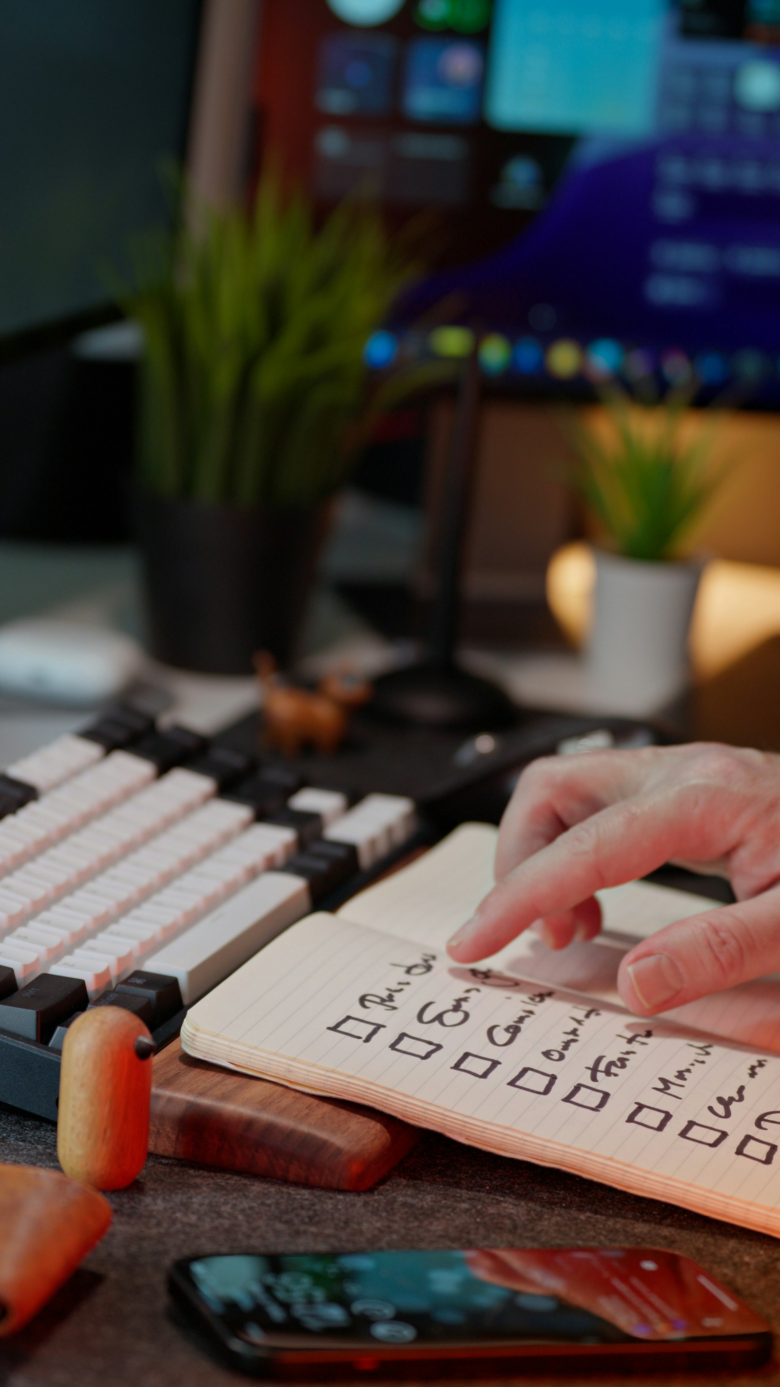 Hand checking items off a handwritten list on a desk